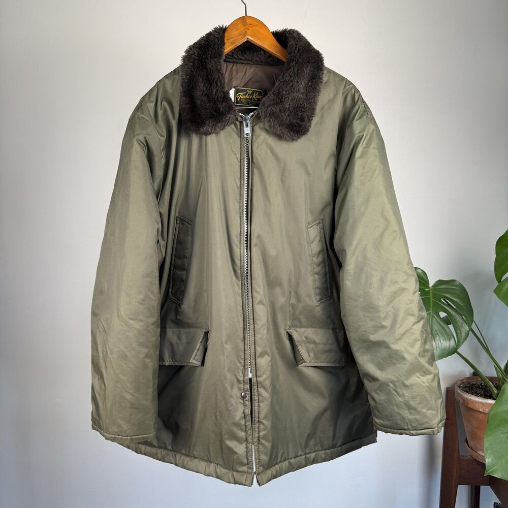 Vintage 70s 80s Timber King Bomber Jacket, Olive Green Faux Fur Collar Quilted